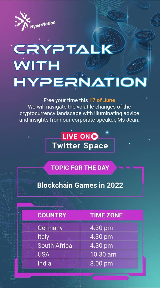 HyperNation8's tweet photo. Dear Citizen of HyperNation,
Our Daily Twitter Space will be live in 2 hours!
Do join us to learn more on everything related to #blockchain #crypto

Today's Topic: "Blockchain Games in 2022"
Room Link: https://t.co/viX5ElPXh1
#hypernation #gamefi #blockchaingame #metaverse https://t.co/sq3x14NcKM