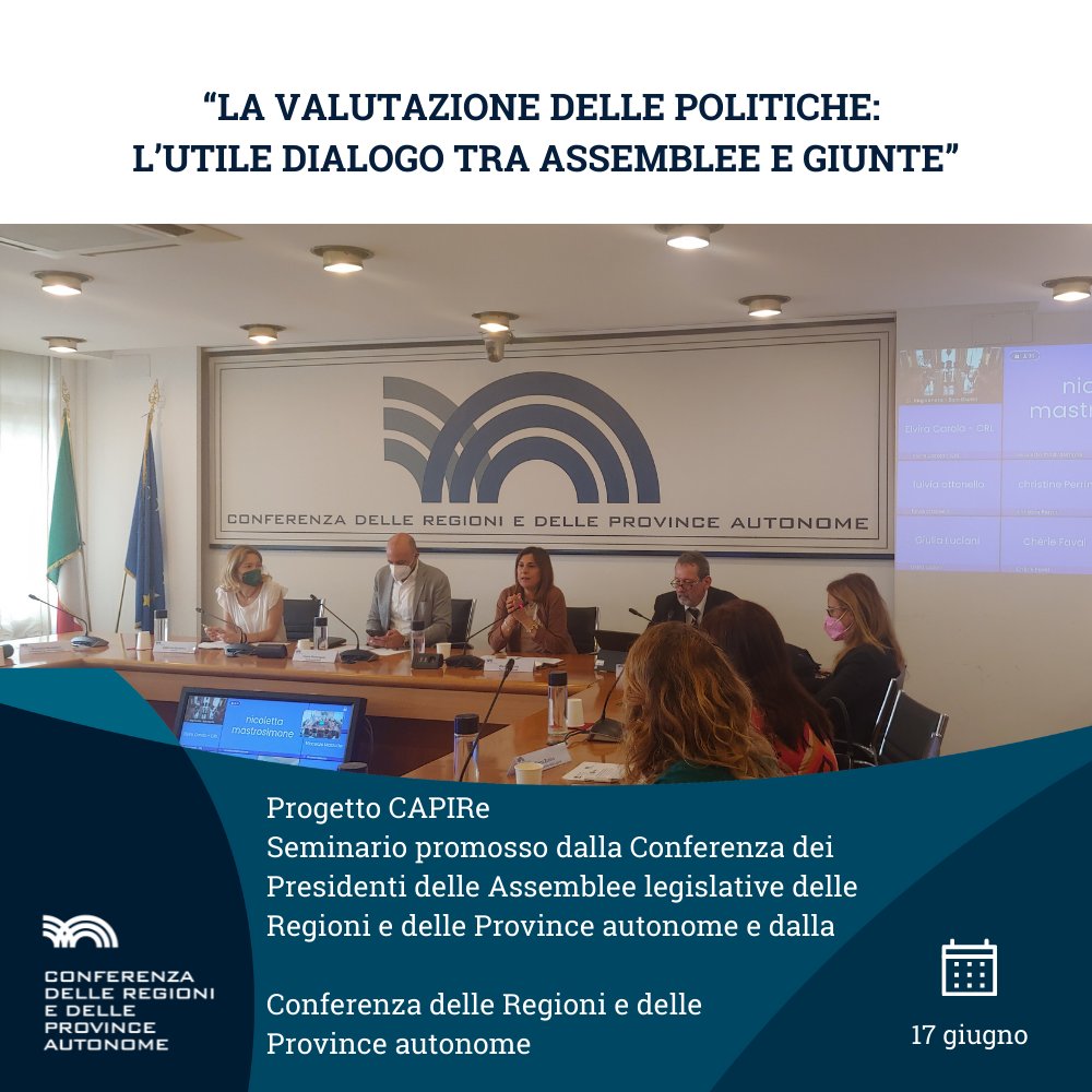 #ProgettoCAPIRe 👉concluso il Seminario, occasione per una prima condivisione di strumenti, metodologie di lavoro e pratiche territoriali sul tema della valutazione delle politiche nell’ambito dell’attività normativa dei legislativi e degli esecutivi.
<a href="/Consigli_Reg/">Conferenza Assemblee Legislative delle Regioni</a> <a href="/regioni_it/">Conferenza delle Regioni</a>
