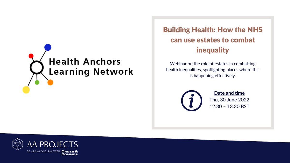 Health Anchors Learning Network (@haln_uk) on Twitter photo A new guide to the role of NHS estates in reducing health inequalities from <a href="/AAProjectsLtd/">AA Projects</a> sets out the strategic value, nationwide examples of practice and a call to action.
You can hear from Associate Director Sarah Butler's at our webinar on 30 June: eventbrite.co.uk/e/building-hea… A new guide to the role of NHS estates in reducing health inequalities from <a href="/AAProjectsLtd/">AA Projects</a> sets out the strategic value, nationwide examples of practice and a call to action.
You can hear from Associate Director Sarah Butler's at our webinar on 30 June: eventbrite.co.uk/e/building-hea…