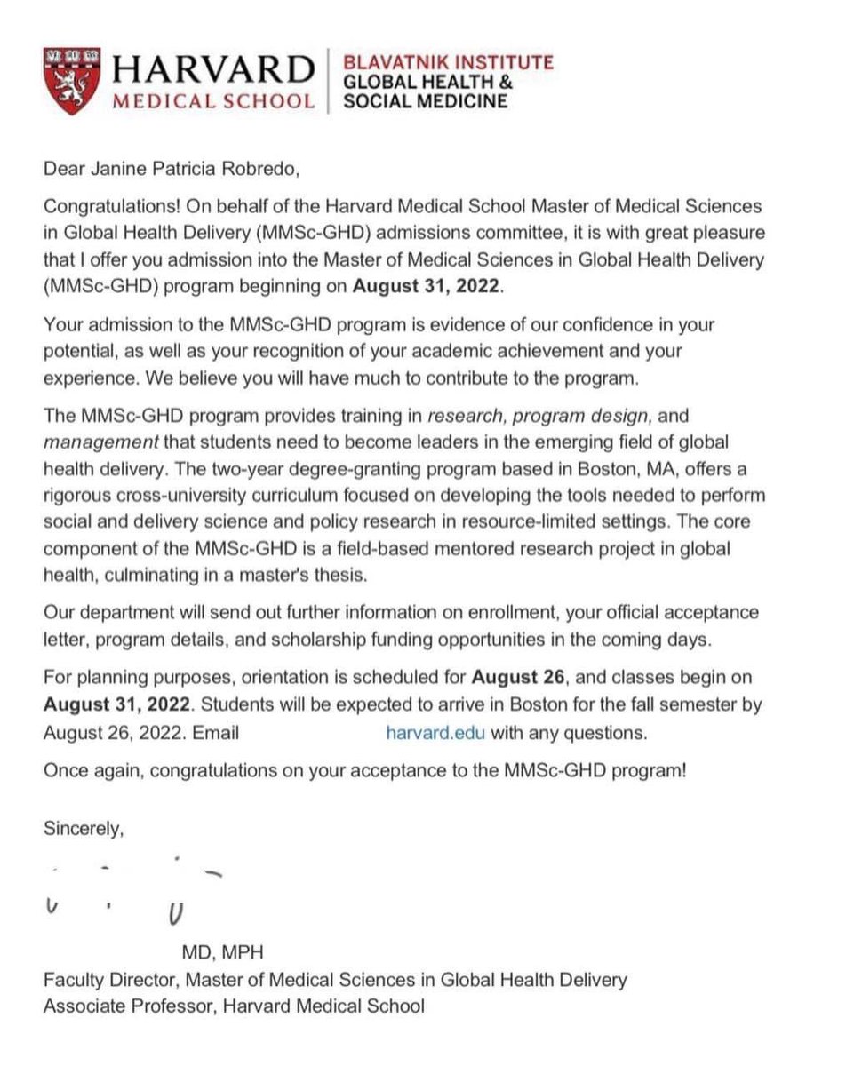 rapplerdotcom's tweet photo. Another Robredo will be attending Harvard University after Dr. Tricia Robredo, daughter of VP Leni Robredo, gets admitted to its Master of Medical Sciences in Global Health Delivery program. Her older sister Aika tweets a copy of the admission letter. | via @maracepeda https://t.co/tAVLI7HzFm