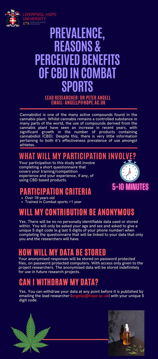 Are you a competitive combat sport athlete? Then please take 10-15 minutes to click the link below 👇🏻 and take part in research into CBD use in combat sports.
We want to hear from people who do and don’t use CBD.
Please share 🥋🥊🤼‍♂️📊📉📈

docs.google.com/forms/d/e/1FAI…
