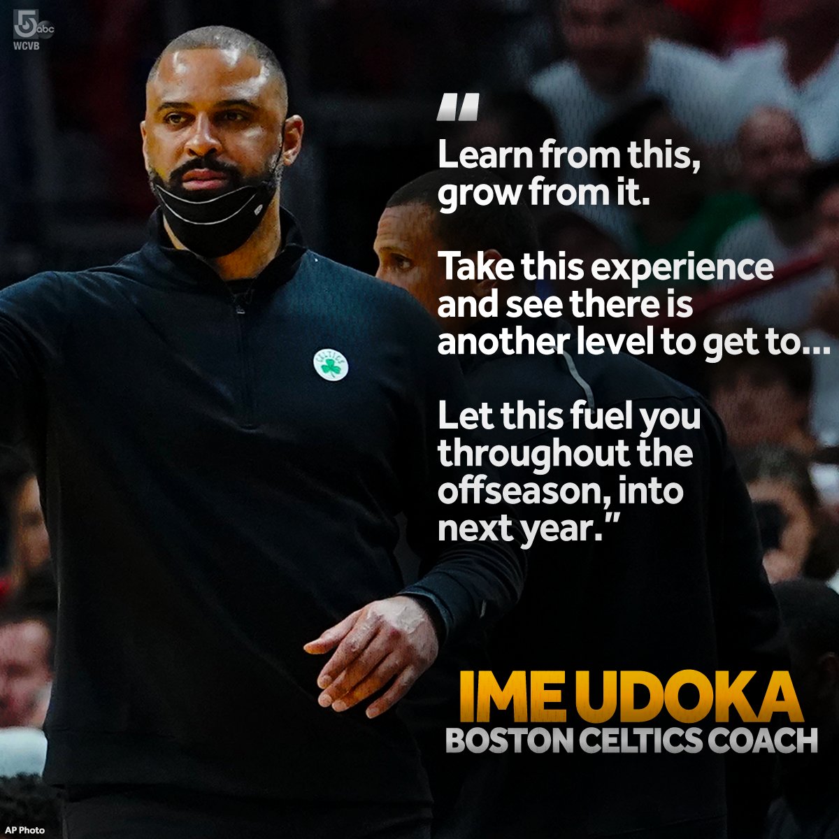 WCVB's tweet photo. It was a difficult night for #Boston #Celtics fans, but Coach Udoka has great advice for anyone dealing with a setback in life 🏀 We're looking forward to next season, coach! #NBAFinals #Philosophy https://t.co/JIVkYXDVdL https://t.co/8E7IyertPl