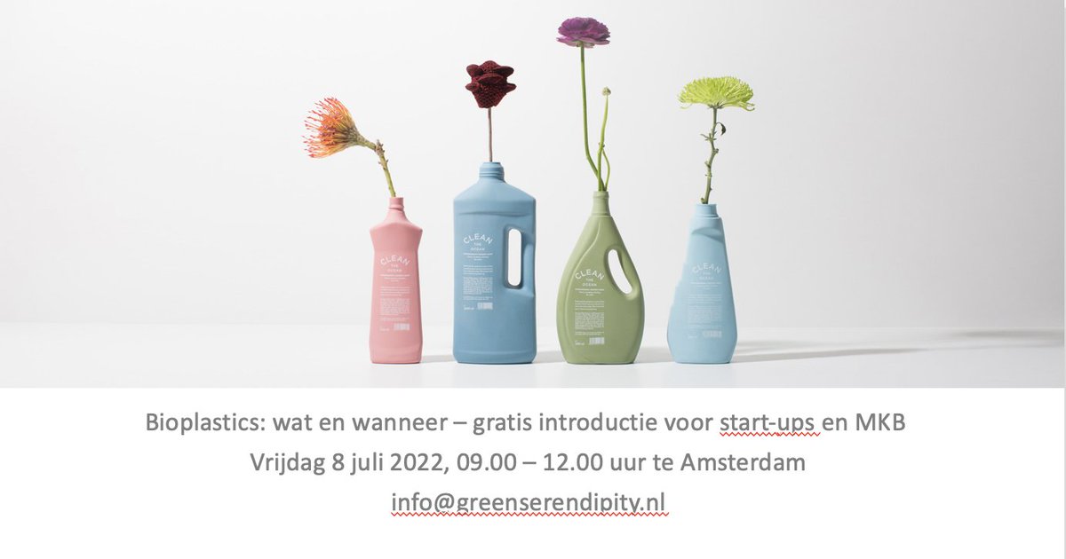 Gratis voor startups &amp; mkb:
🍀Introductie in Bioplastics🍀
Vrijdag 8 juli Amsterdam. Check voor meer info: greenserendipity.nl/events/