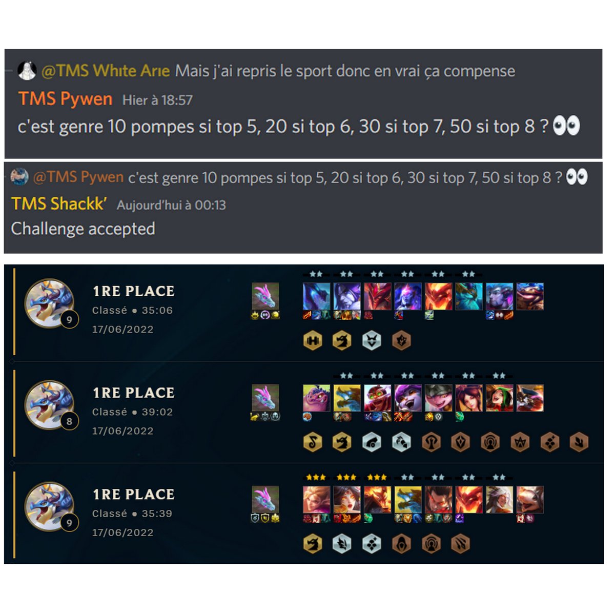 CHALLENGE ACCEPTED !
Depuis que notre chère présidente @TMS_Pywen à dit à <a href="/WhiteArie__/">Whıte Arıe</a> de faire des pompes a chacun de ses bottoms, j'ai relevé le défis... 
3 games, 3 top 1 ! Merci présidente !😅
J'ai pourtant vraiment envie de faire du sport !