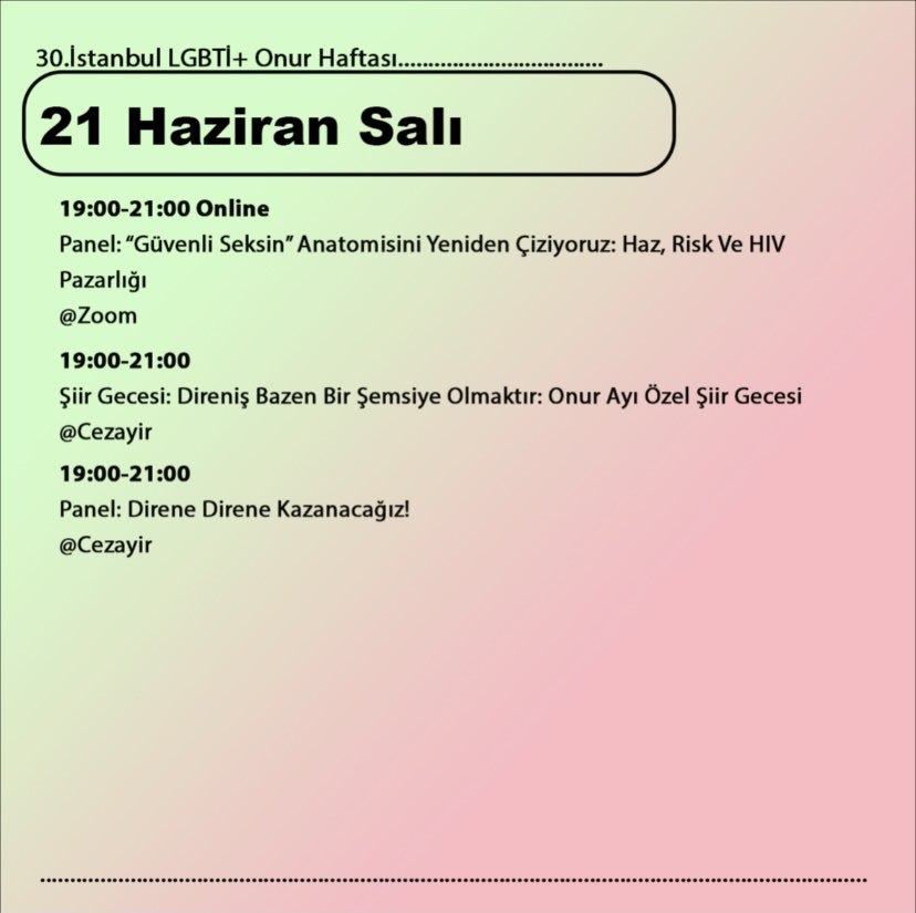 30. İstanbul LGBTİ+ Onur Haftası Programını Açıklıyoruz! Sonunda :) İki yıl aradan sonra yüz yüze bir araya geleceğimiz için çok heyecanlıyız. Online etkinlikleri de unutmadık tabi. Hemen takvimlerini işaretle lubunya. Pazartesi buluşuyoruz!