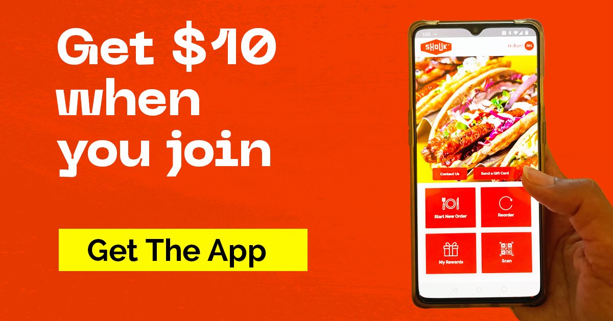 🥙 Eating Shouk – There’s an app for that.
📲 Download our app, and we’ll send you a $10 Welcome gift just for joining. Order from the app to earn an additional $9 for every $99 you spend. We’ve also got your free birthday meal covered. After all, you’re family now.