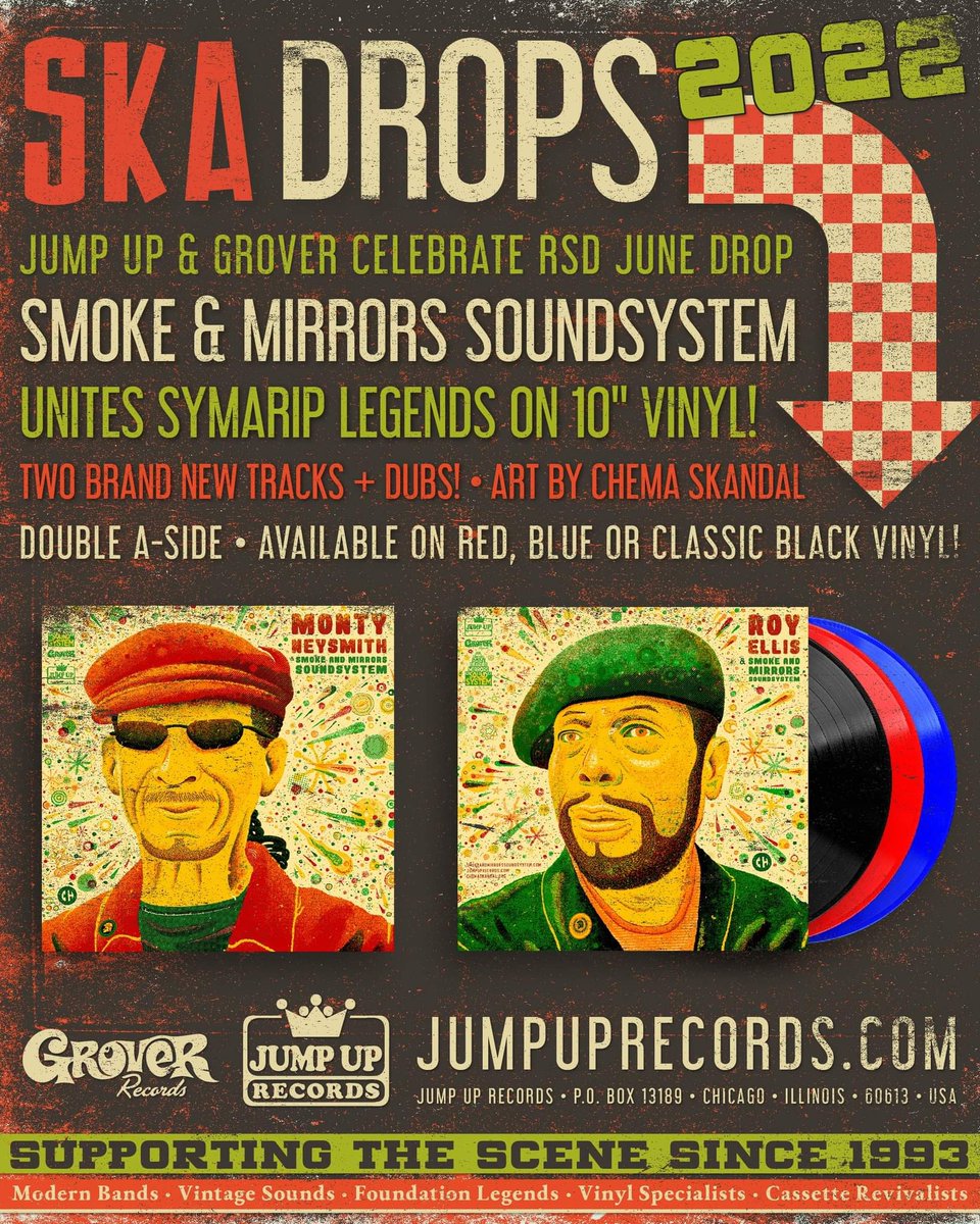 jumpuprecords's tweet photo. Celebrate RSD #Symarip reunited on 10" #vinyl by Smoke & Mirrors Sound System @johnroysound all star band! @chemaskandal art limited 200 red blue black don't miss out! #skins #reggae #skatwitter #ska #Jamaica https://t.co/s1RDIkTW1m https://t.co/AEqAc2FGkd