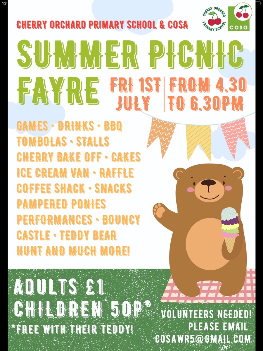 CherryOrchardPS's tweet photo. Our Summer Picnic Fayre is getting close! Save the date..
Friday 1st July from 4:30-6:30pm. As you can see from the poster, we’ve got lots going on. Bring your pennies and come and join us, to support the great work that COSA do in supporting our school. @CherryOrchardPS https://t.co/x8cXbO5ApP