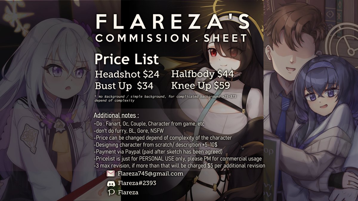 flareza25's tweet photo. Hi everyone, here's my latest commission sheet, 
please read Terms and Service below before order.

*i really appreciated for whoever share this, thank you.

#commissionsopen #Commission #commissionart #illustration  #characterdesign #ArtistOnTwitter https://t.co/bpgIvq9kOU