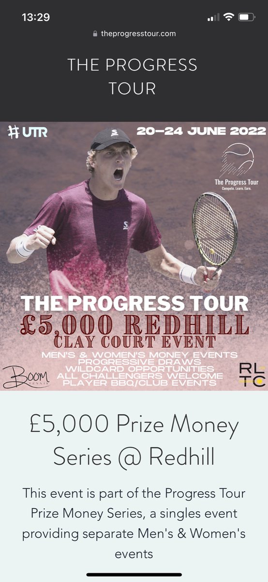 RedhillTennis's tweet photo. Starting next Monday 20th June the Progress Tour is coming back to Redhill .
Come down and watch for free close up many World Ranked players . Semi Finals &amp; Final on Friday pm early evening with a Bbq. https://t.co/kTh05L5GhX