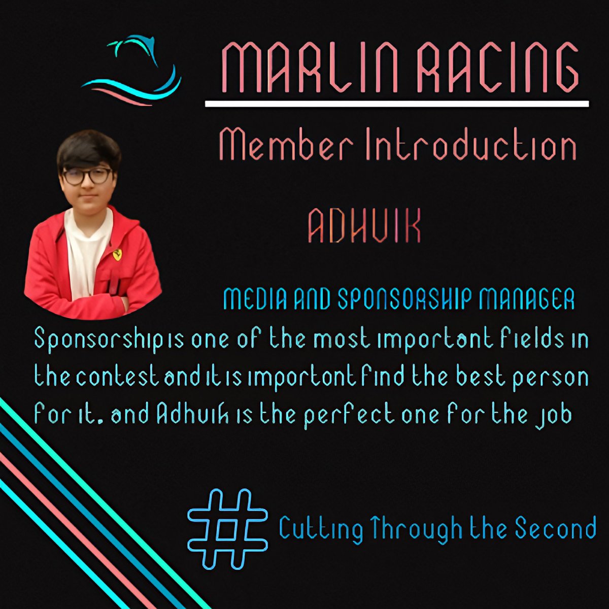 racing_marlin's tweet photo. MARLIN RACING
—————————
Member Introduction
ADHVIK……
Sponsorships one of the most important fields in the contest and it is importont find the best person for it. and Adhvik is the perfect one for the job.
CUTTING THROUGH THE SECOND…
#f1inschools #collaberate #socialmedia https://t.co/GJESX4BX04