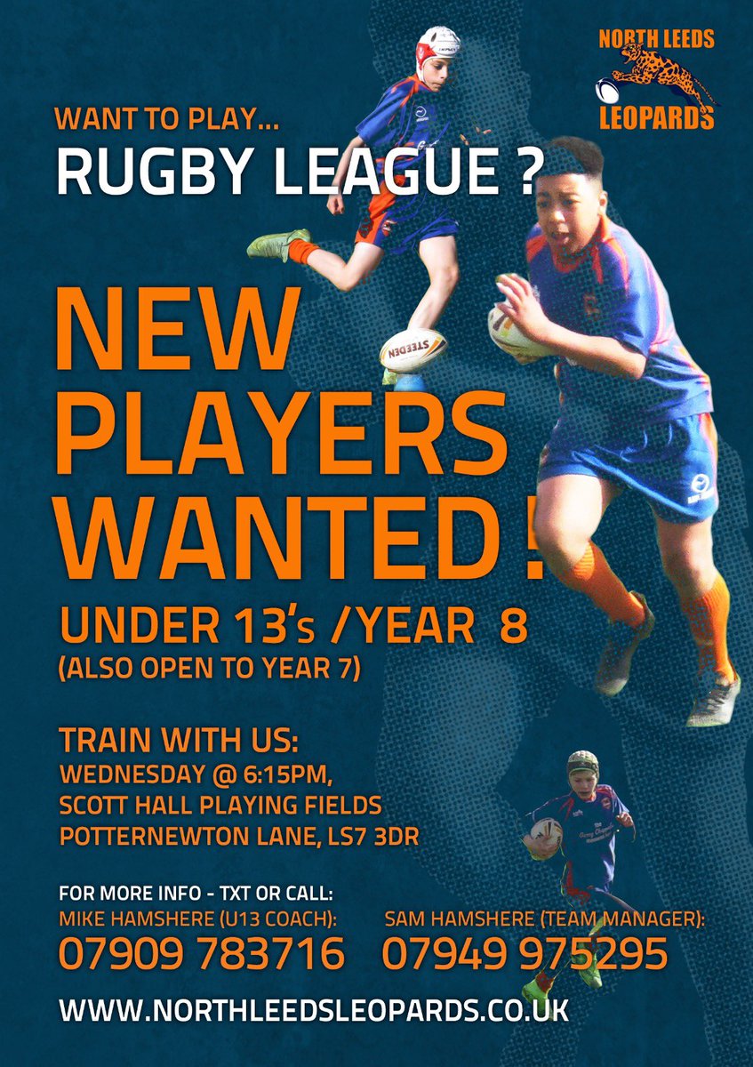 NLeedsLeopards's tweet photo. Want to play rugby league? Our under 13’s are looking for new players. Please share and get in touch 🏉 https://t.co/oiLklb9ceS