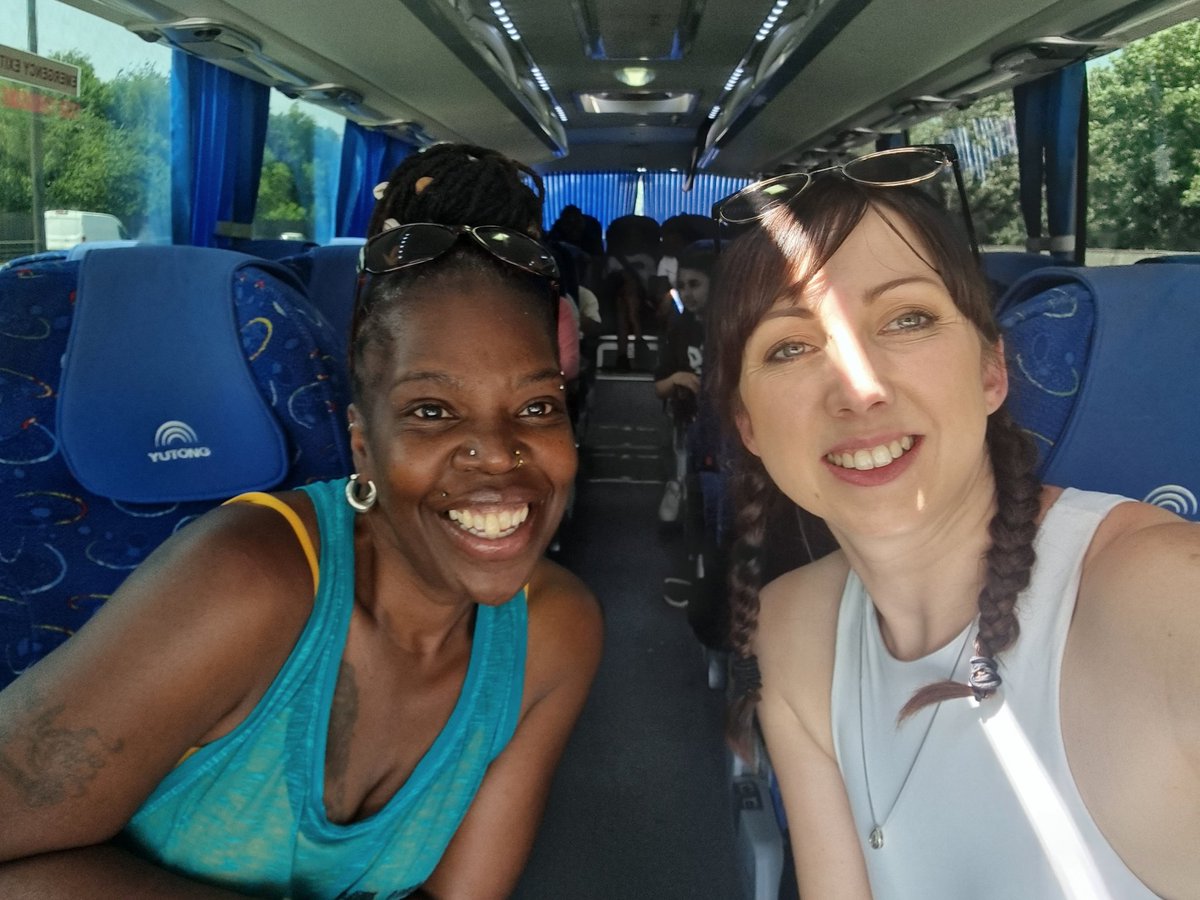 stursulas_sch's tweet photo. On our way home after a fabulous 3 days at PGL. Miss Cahir and Mrs Smith-Williams with a coach of sleepy but happy year 7's. https://t.co/yMRY5GSkfO