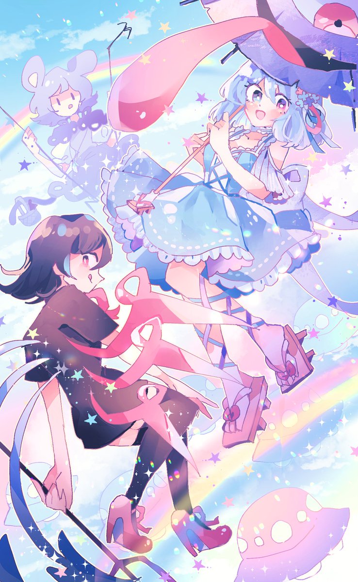 houjuu nue ,nazrin ,tatara kogasa ufo 3girls multiple girls dress tongue umbrella rainbow  illustration images
