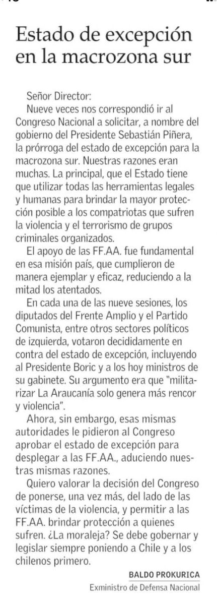 Comparto esta carta en El Mercurio sobre el estado de excepción constitucional en la Macro Zona Sur.