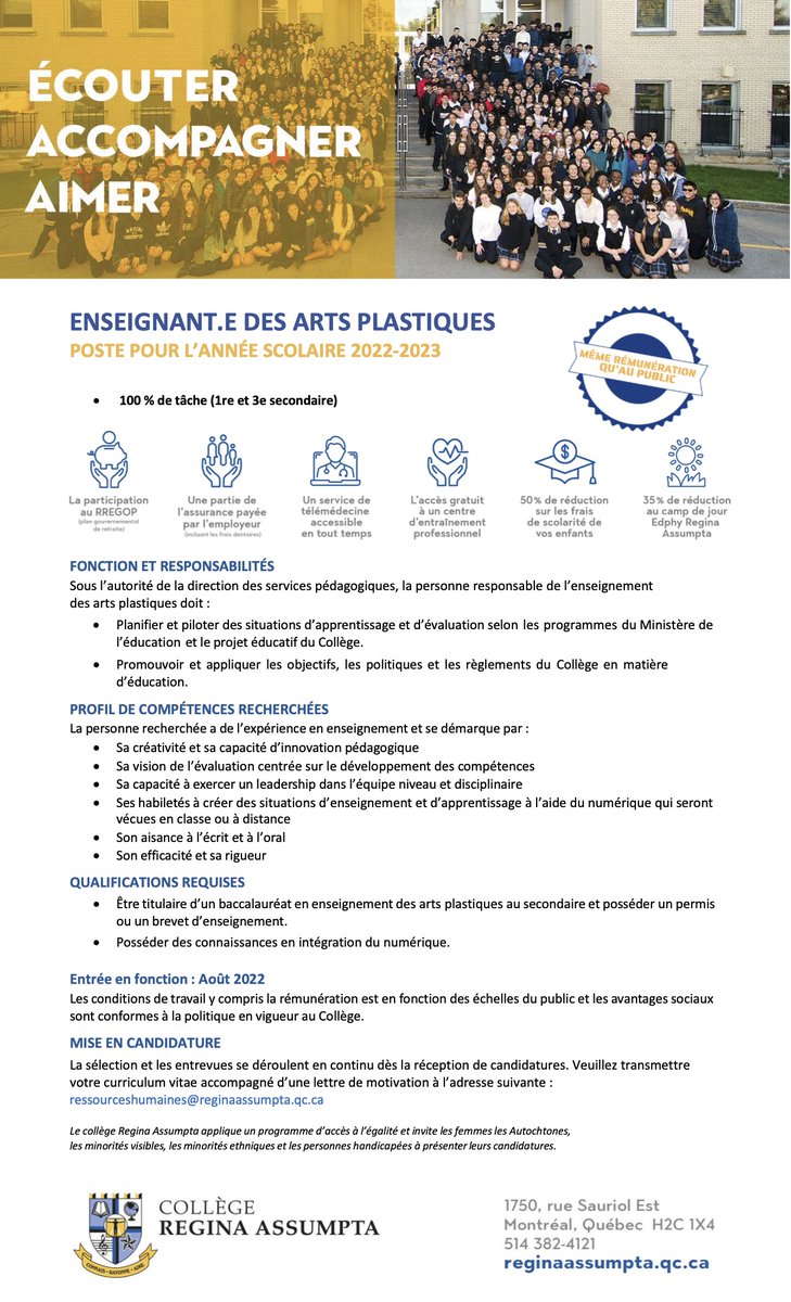 Le Collège <a href="/reginaassumpta/">Collège Regina Assumpta</a> cherche à pourvoir un poste à temps plein menant à une permanence en arts plastiques (sec 1 et 3). Envie de vous joindre à notre superbe équipe 😉