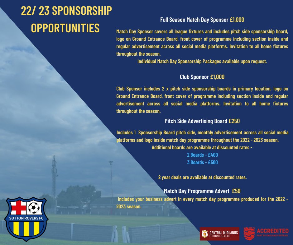We are looking for sponsors to join our club this season. 

We have 2 teams which offers an huge amount of eyes on your business and the club is looking to expand further. 

This offers a client base for any business coming on board from our club and clubs across the region.