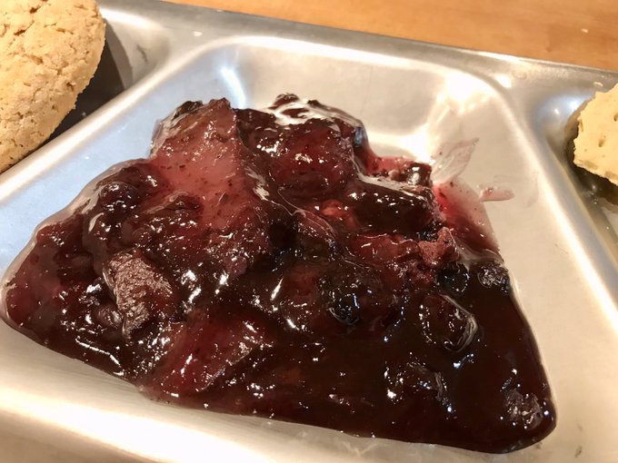 これもお初のコブラー
…なんだろ、本物のコブラーも食べたことないんで驚いてるんだけど。
チェリーとブルーベリーのジャムの中をブラウニー見たいのが泳いでるんだ。
美味いけどね… 