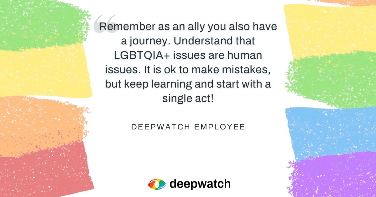 deepwatch_sec's tweet photo. How can we all continue building an inclusive environment for the LGBTQ+ community? A few Deepwatchers share their perspectives and experiences.  

#PrideMonth #HappyPride #Allyship #DeepwatchLife https://t.co/Ieui82WqyU