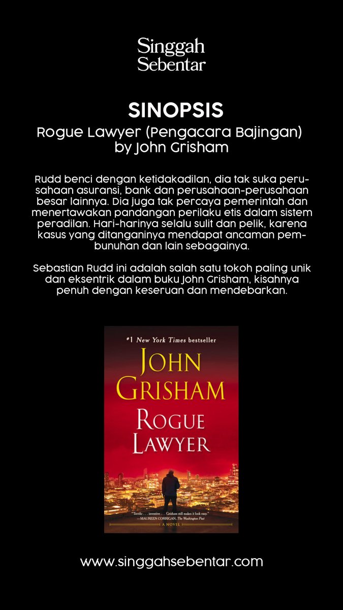 yoksinggah's tweet photo. Sekilas tentang novel Rogue Lawyers karya John Grisham, novel ini punya karakter utama yang cukup unik dan eksentrik.

#novel #rougelawyer #pengacarabajingan https://t.co/HL2SQa0VMd