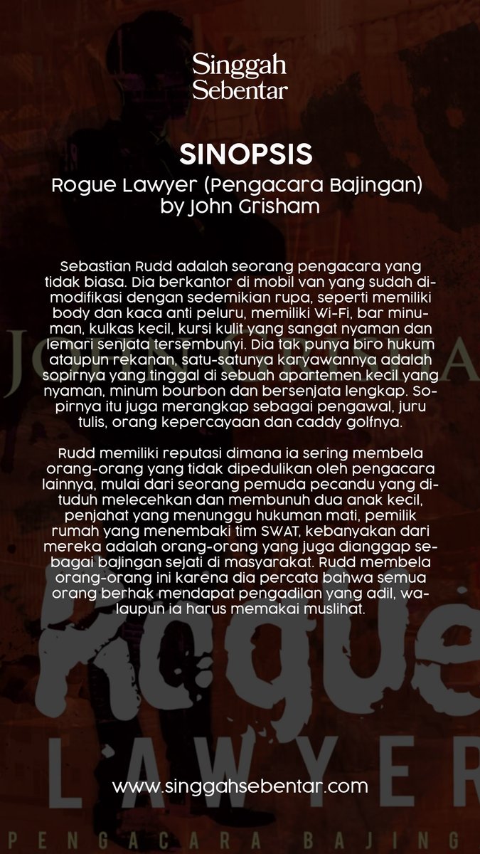 yoksinggah's tweet photo. Sekilas tentang novel Rogue Lawyers karya John Grisham, novel ini punya karakter utama yang cukup unik dan eksentrik.

#novel #rougelawyer #pengacarabajingan https://t.co/HL2SQa0VMd