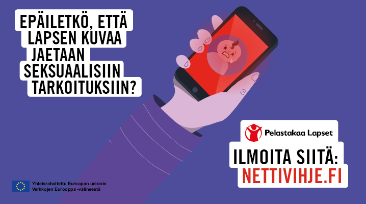 Nettivihje's tweet image. Jos näet netissä lapseen kohdistuvaa seksuaaliväkivaltaa todistavaa materiaalia, voit ilmoittaa siitä helposti, turvallisesti ja halutessasi täysin anonyymisti  nettivihje.fi

Ilmoittamalla suojelet lasta.

#againstCSAM #väkivallatonlapsuus #seksuaalirikos