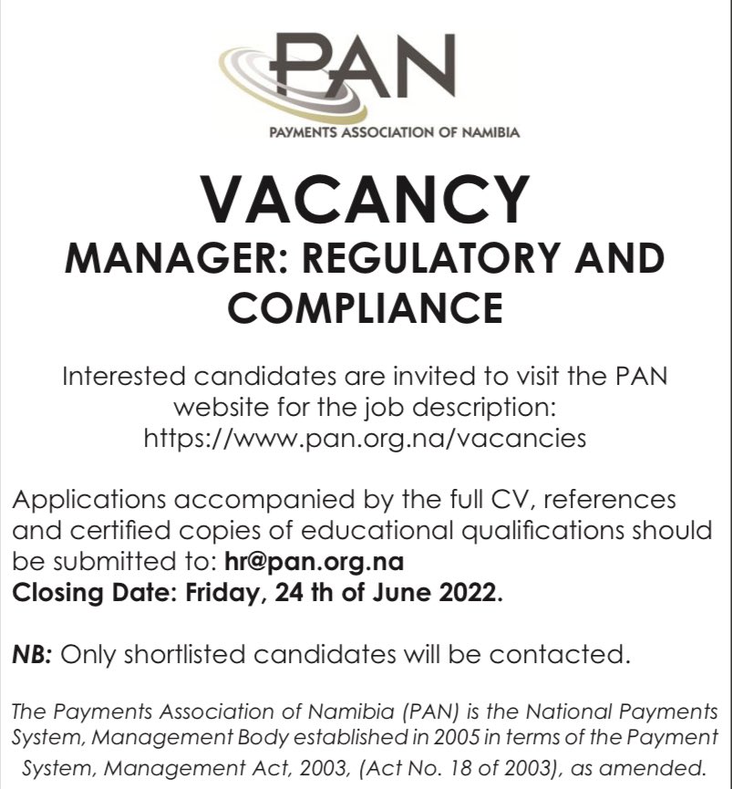 PAN_Namibia's tweet photo. We are Hiring: MANAGER: REGULATORY AND
COMPLIANCE

https://t.co/QarDqgzYjc https://t.co/JmOgEv3PJH