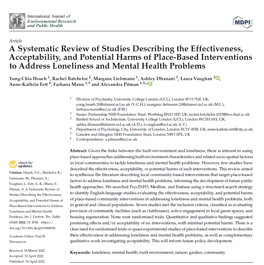 Excellent presentation by Dr <a href="/AnneKathrinFett/">Anne-Kathrin Fett</a> at <a href="/EndLonelinessUK/">Campaign to End Loneliness</a> event of Systematic Review of Place-Based Interventions to Address Loneliness and Mental Health Problems 

video: campaigntoendloneliness.org/tackling-lonel… (+35:41-50:00)

paper: mdpi.com/1660-4601/19/8… 
#LonelinessAwarenessWeek