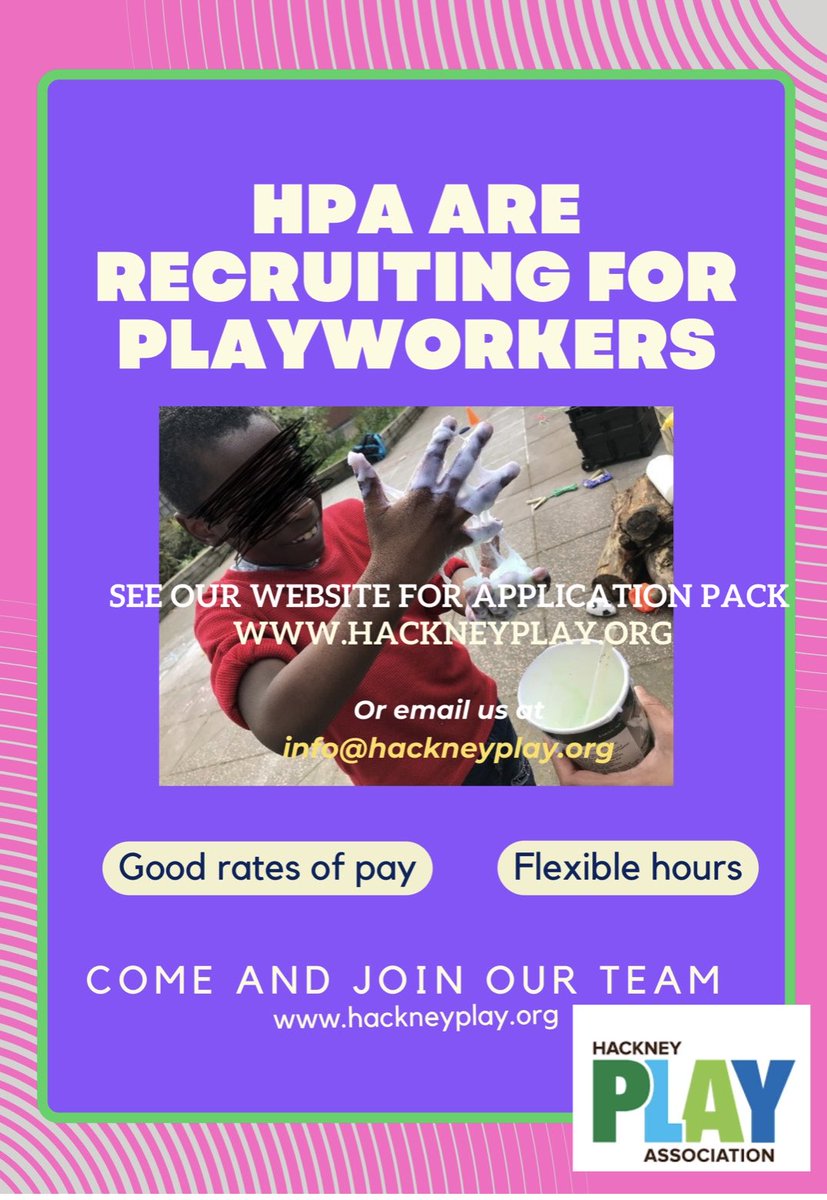 hackneyplay's tweet photo. Visit our website for an application form https://t.co/xZQLsOUfdW or email your interest to info@hackneyplay.org https://t.co/eo6Nn3YUau