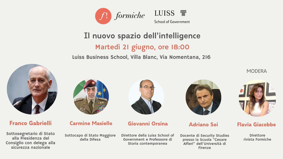 🕕 #Savethedate Martedì 21 giugno ore 18:00 Il nuovo spazio dell'intelligence. La presentazione della rivista Formiche

📌 Luiss Business School, Villa Blanc, Via Nomentana, 216

🔗formiche.net/2022/06/intell…