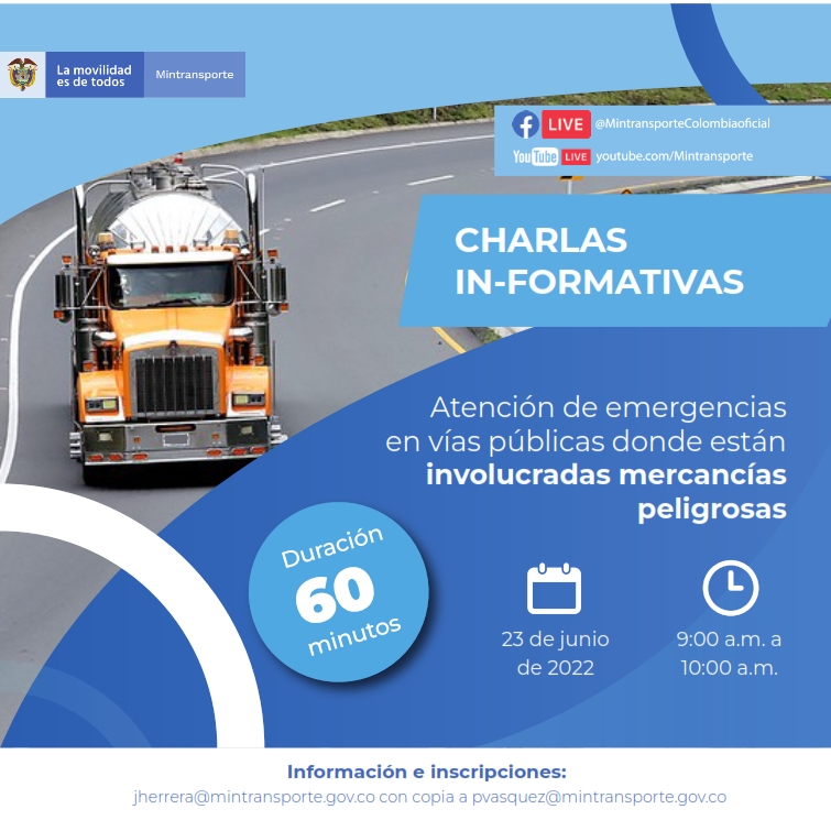 MinTransporteCo's tweet photo. ¡Agéndate! A nuestro próximo #FbLive de "Atención de emergencias en vías públicas donde están involucradas Mercancías Peligrosas🚚🧪", dirigido por el Grupo de Asuntos Ambientales y Desarrollo Sostenible - #GAADS, del @MinTransporteCo
🗓23 de junio
⌚️9:00 a.m. https://t.co/sj3gWKVVVu