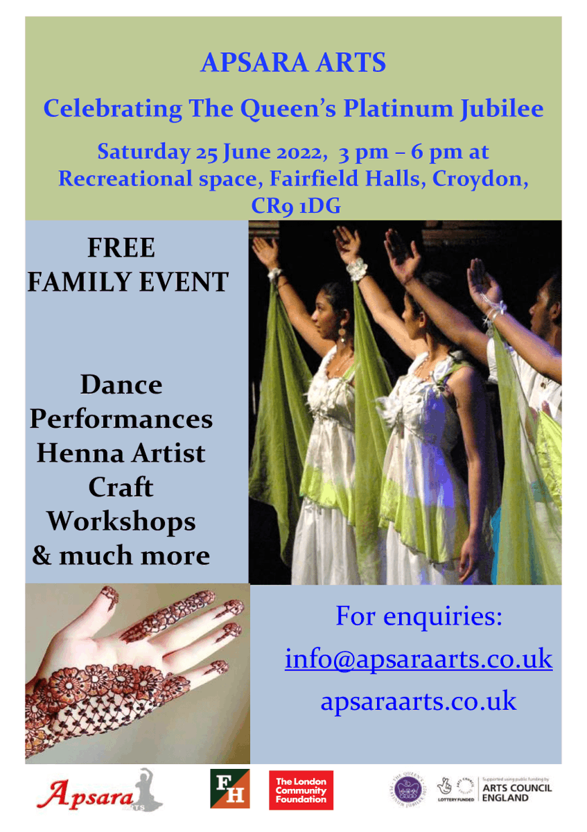 ApsaraArts's tweet photo. Apsara, celebrating the Queen's platinum Jubilee on 25th June from 3pm to 6pm at the Fairfield halls.
#yourCroydon,#InsideCroydon,#CroydonEvents,#@ace_national’s #LetsCreate Jubilee Fund https://t.co/POS4gFTTwC