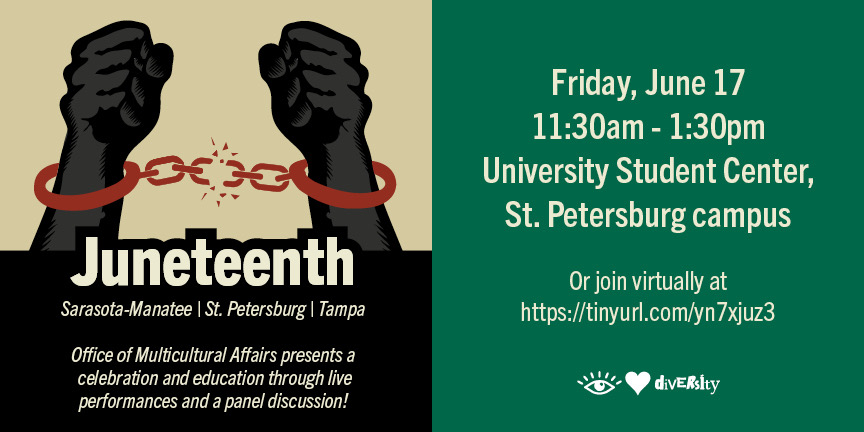 usfsp's tweet photo. Join us today in celebrating the significance and history of #Juneteenth with live performances and panel discussions at the USC. https://t.co/SUcjwY8gj3