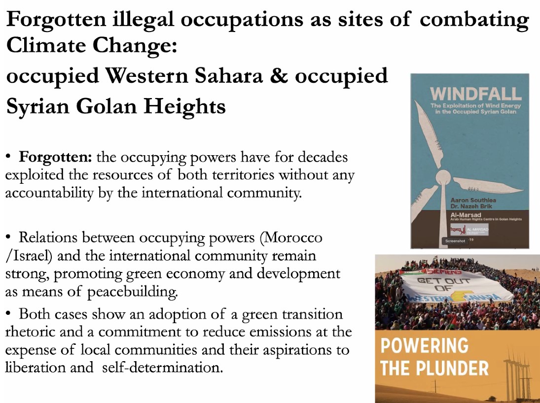 An illuminating presentation on panel 3 by @muna_d, Noura Alkhalili & Yahia Mahmoud showing how 'green' energy projects are used to enforce colonial occupation in Western Sahara & Syrian Golan Heights! #GreenExtractivism #Colonialism