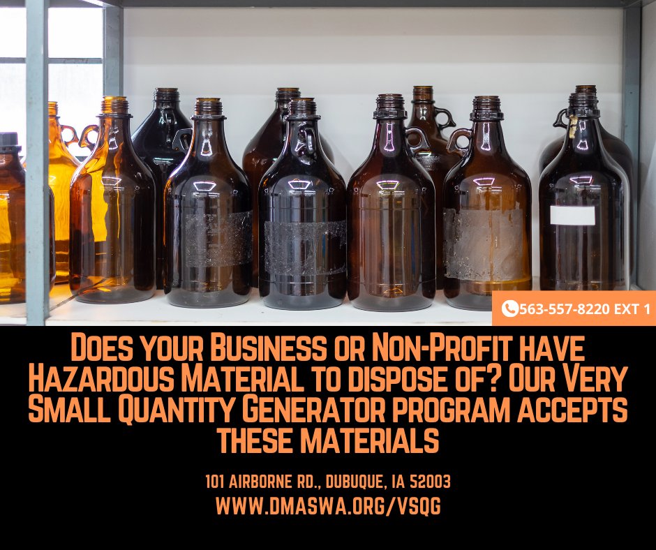 The Agency's Very Small Quantity Generator Program can assist Businesses and Non-Profits with properly managing the disposal of their hazardous wastes streams and lightbulbs. Learn more about the program, including the fees at dmaswa.org/VSQG