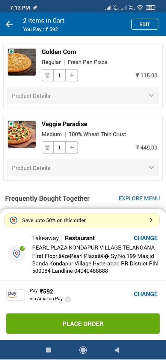 SrikantJoshi's tweet photo. @dominos 
I was not knowing that price of a same pizza same size is available at different prices at different Domino outlets https://t.co/gs2zKfj8gW