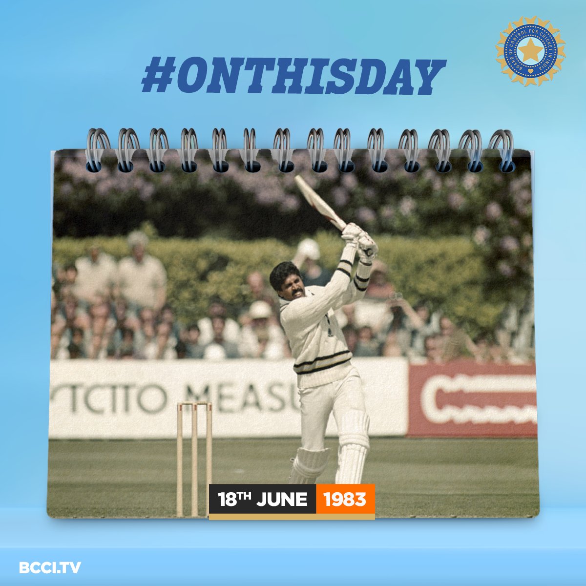 BCCI's tweet photo. Talk about leading from the front! 🙌 🙌

🗓️ #OnThisDay in 1983, captain @therealkapildev slammed 1⃣6⃣ Fours &amp; 6⃣ Sixes to hammer 1⃣7⃣5⃣* off 1⃣3⃣8⃣ balls against Zimbabwe in the 1983 World Cup at the Tunbridge Wells. 

#TeamIndia 🇮🇳 https://t.co/PIvoRrI64z