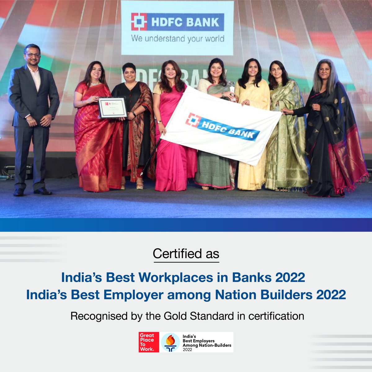 HDFCBankNews's tweet photo. It’s a day of celebration for the @HDFC_Bank family. We're honoured to be recognised by Great Place To Work. We would like to thank our employees for making us India’s Best Workplace in BFSI for 2 years in a row.

#HDFCBank #GreatPlaceToWorkCertified #GreatPlaceToWork2022 #BFSI https://t.co/BaCBrlkb63