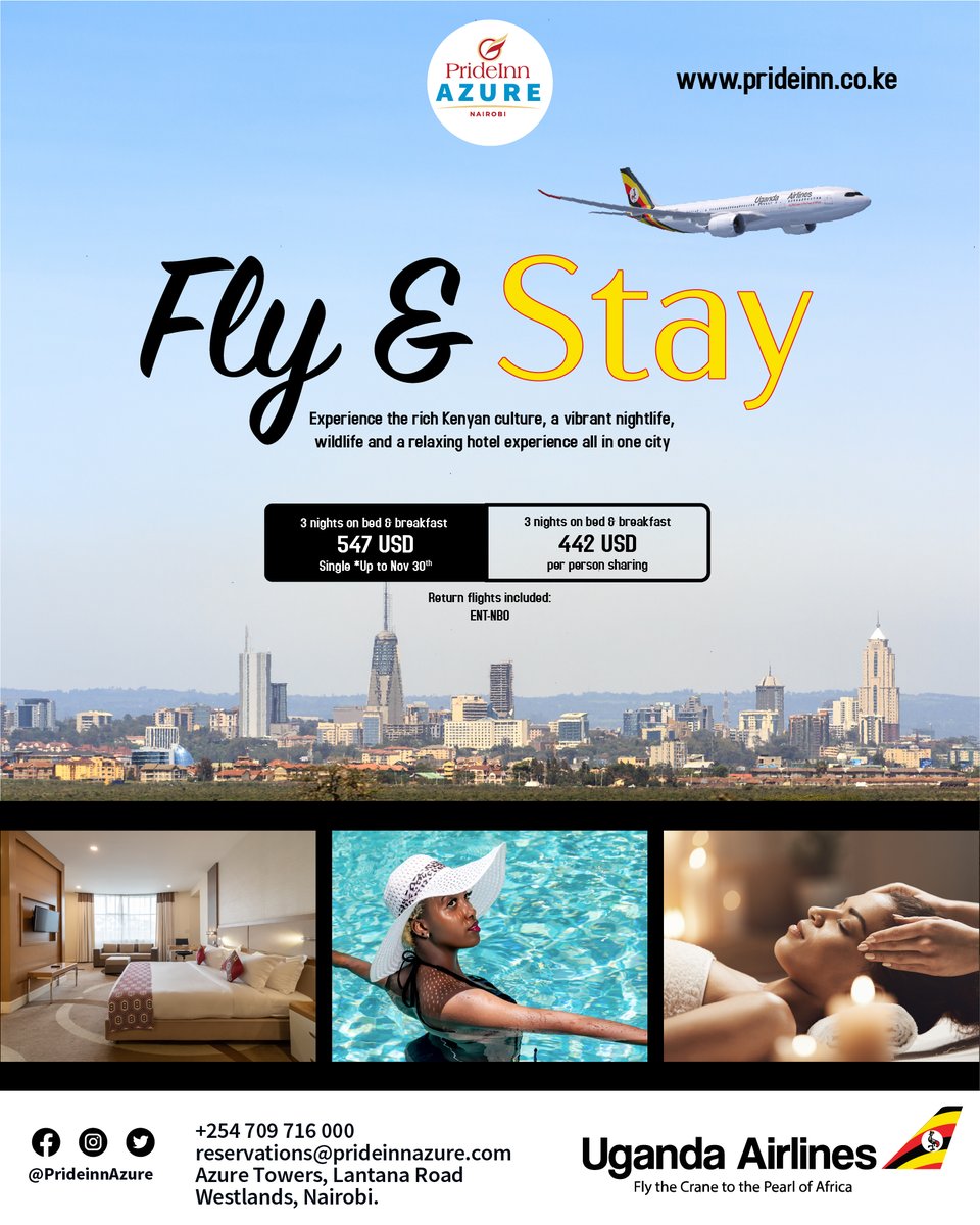 nbstv's tweet photo. Are you traveling to Nairobi?
We have an awesome fly and stay holiday deal for you!! Discover the enchanting beauty of the capital by booking your stay at Prideinn Azure Hotel today.
Call +2547 093 74000 /+2547 095 32000 to book.
#PrideInnAzure #FlyAndStayAtPrideInn https://t.co/ksvt2VJMRj