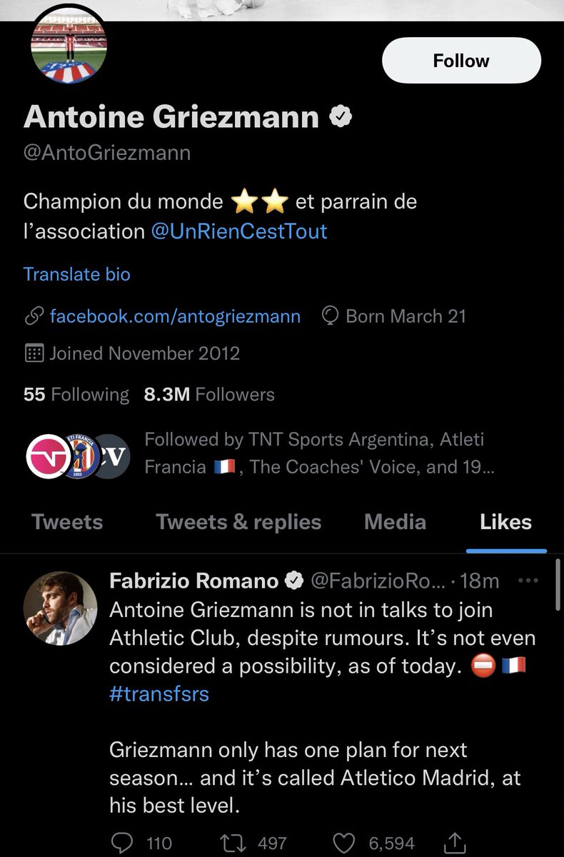 Route1futbol's tweet photo. 🚨Antoine Griezmann 🇫🇷 confirms he only wants to stay at Atletico Madrid next season. Him joining Athletic Club is not even a possibility. @FabrizioRomano #Atleti https://t.co/Z3e2sjad3w