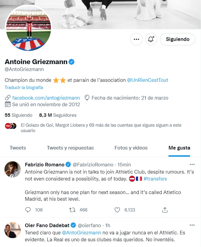 Los 'me gusta' de Griezmann en su perfil de Twitter.