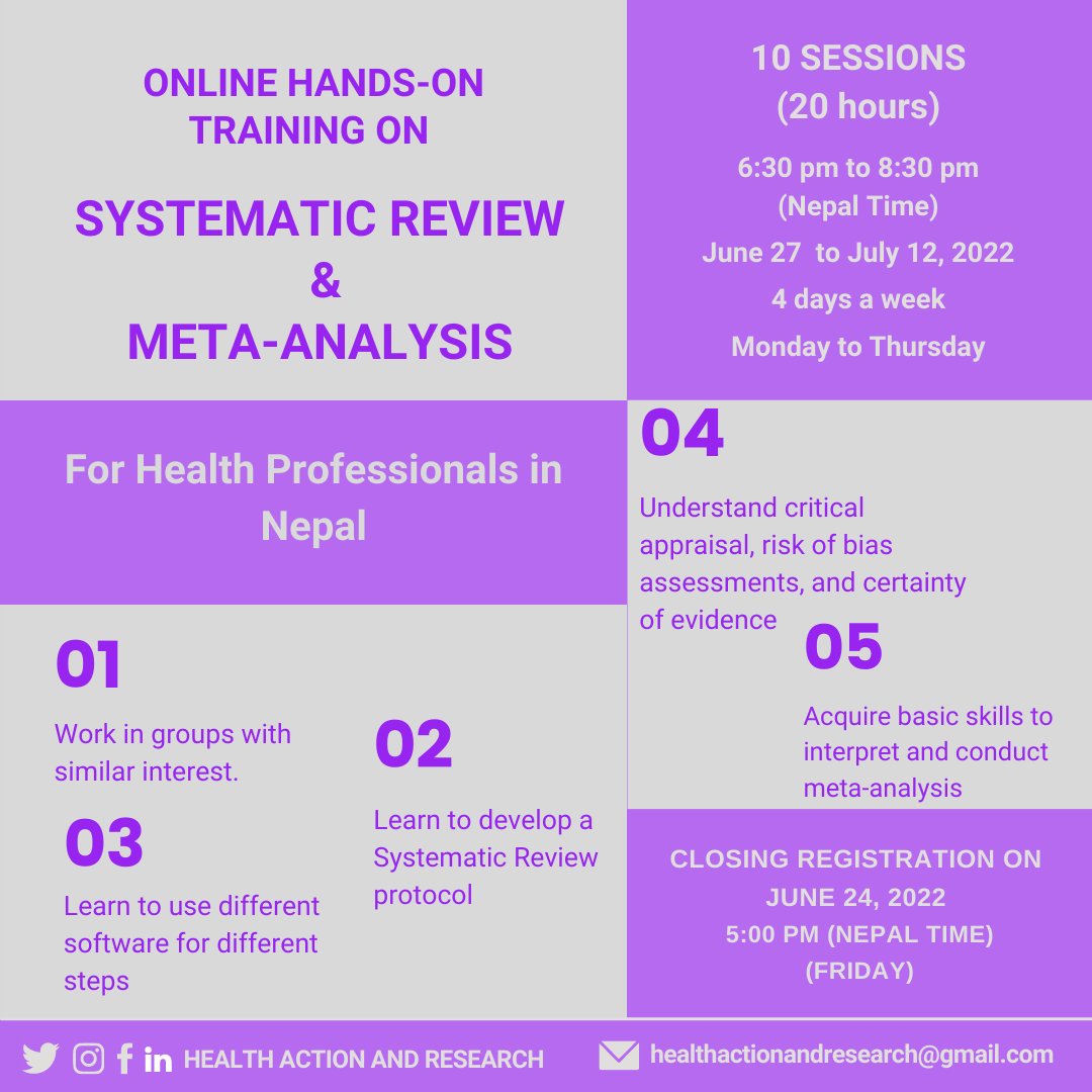 HealthActionan1's tweet photo. Based on many requests, we're starting a new session on Systematic Review and Meta-analysis for health professionals. Open to Nepalese health professionals only!
Pls feel the form to register
https://t.co/ilAh6lhalh
We'll email individually with details to interested candidates. https://t.co/WAh85FZVN9