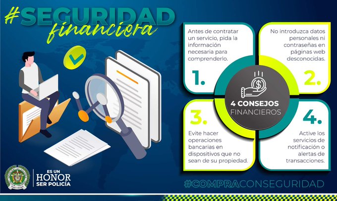 PoliciaMeta's tweet photo. Llegó el #DíaSinIVA y con este aumentan las transacciones en sitios virtuales, por ello siga estos consejos y hagamos de la #SeguridadFinanciera la mejor aliada contra el delito. #CompraConSeguridad https://t.co/DqOc6UyRme