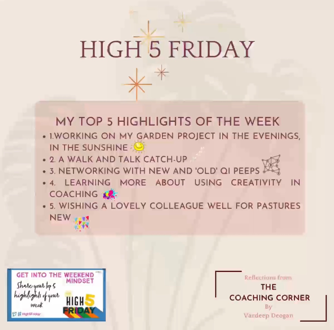 VardeepDeogan's tweet photo. I was 🍀enough to be reminded of @CuriousBecks #high5friday at a networking event with @NHSElect. It very much connects with one of the core principles of #SWEW. Gratitude & celebration of your week’s highlights is a 👌🏾way to end the week 😃. What are your 🙌🏾highlights?🙌🏾 https://t.co/ifzb4Bnfgb