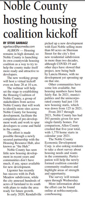ICYMI - We encourage anyone tasked with addressing Noble County's housing issues (formally or informally) to participate in the survey at bit.ly/3zaPs9B and register to attend the Housing Kick Off Webinar on June 28 at eventbrite.com/e/355091286597