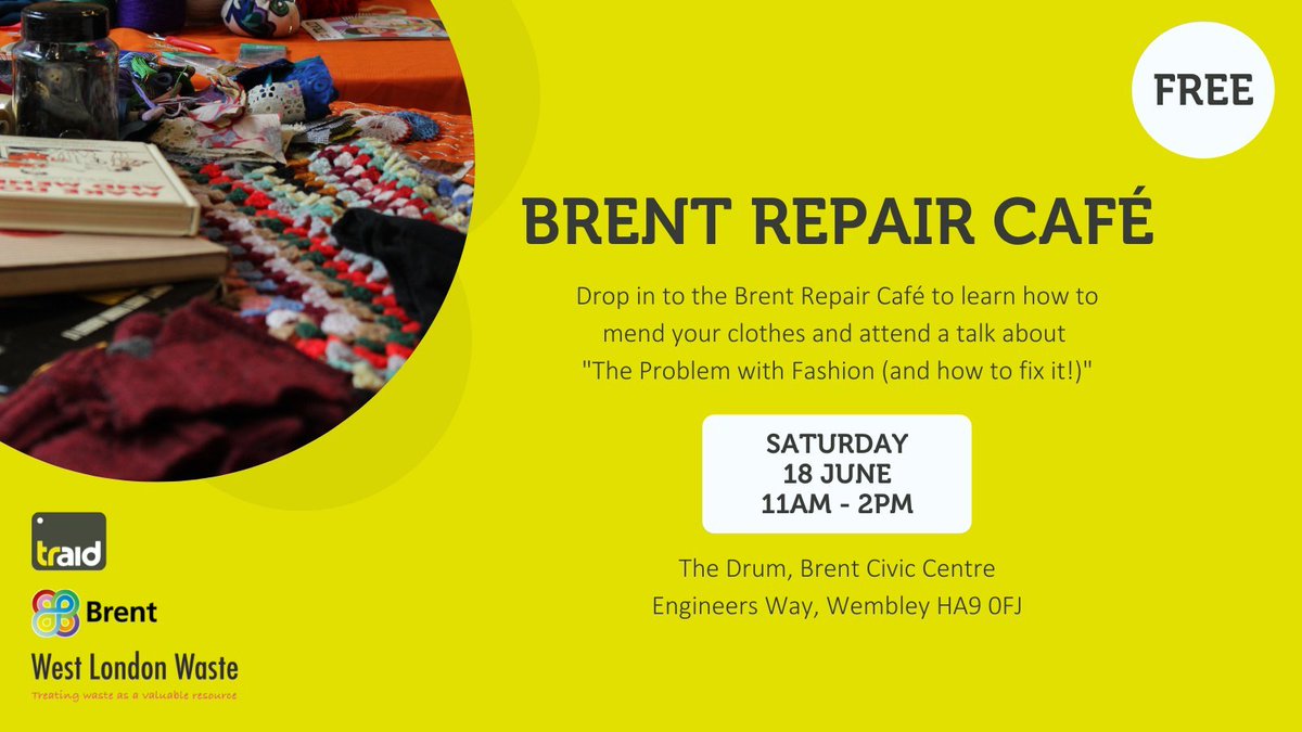 TRAID's tweet photo. Don't forget to join us tomorrow, Saturday 18 June 11AM - 2PM for the Brent Repair Café! @WestLondonWaste @Brent_Council

This is a free, drop-in workshop, where you will learn how to mend your clothes. For more details, visit: https://t.co/m31AqoNmp3 #mending #clothesrepair https://t.co/IRTJXgnljc
