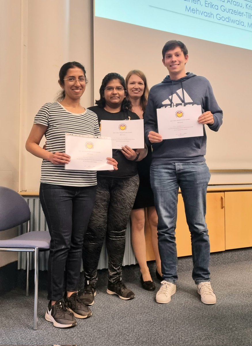 Congratulations Amita Arora for winning the best poster presentation award and <a href="/IlakyaSelvaraj1/">Ilakya Selvarajan</a> and <a href="/EloiSchmauch/">Eloi Schmauch</a> for best oral presentation awards! 🥳⚘ <a href="/UEF_DPMM/">UEF Doctoral Programme in Molecular Medicine</a> <a href="/KaikkonenLab/">Kaikkonen Lab</a> <a href="/OlkkonenVesa/">Vesa Olkkonen</a>