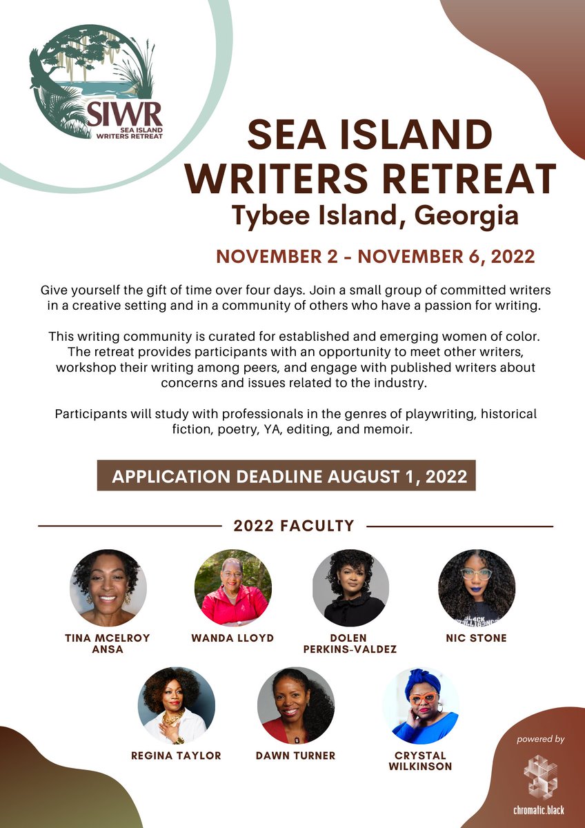 If you are a Black woman #writer or aspiring writer working on a project, this may be the opportunity you need. Look at our star-studded faculty.  <a href="/DownSouthPress1/">DownSouthPress</a> <a href="/TinaMcElroyAnsa/">Tina McElroy Ansa</a> <a href="/ChicksOld/">2 Old Chicks Podcast</a>