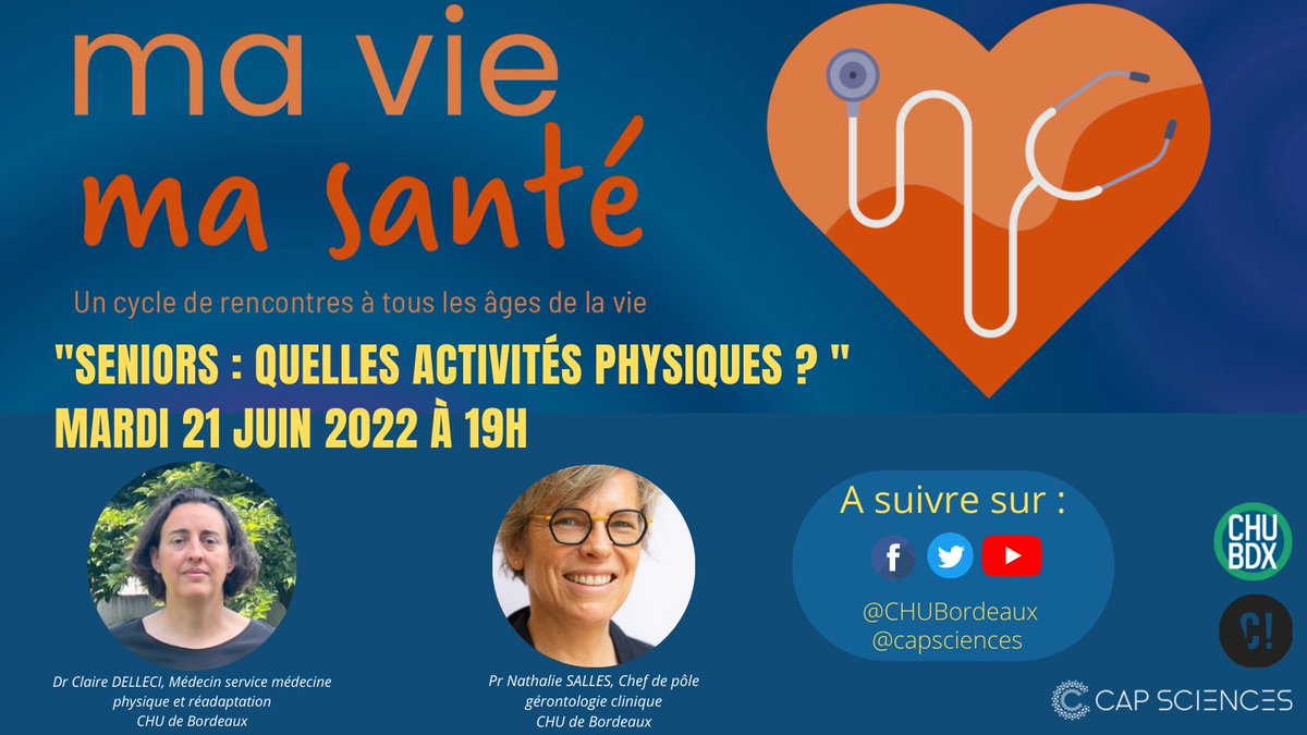 CHUBordeaux's tweet image. [#CONFÉRENCE] J-2️⃣Ma #vie, ma #santé"🧡#2
#Seniors : quelles activités physiques ? 
📅RDV mardi 21/06 à 19h à @capsciences pour cette 2ème édition
Avec les Dr Claire DELLECI &amp;amp; Pr @nathaliesalles2 du @CHUBordeaux
✅Gratuit : bit.ly/3sKNeZy 
@curieuxlive @bordeaux