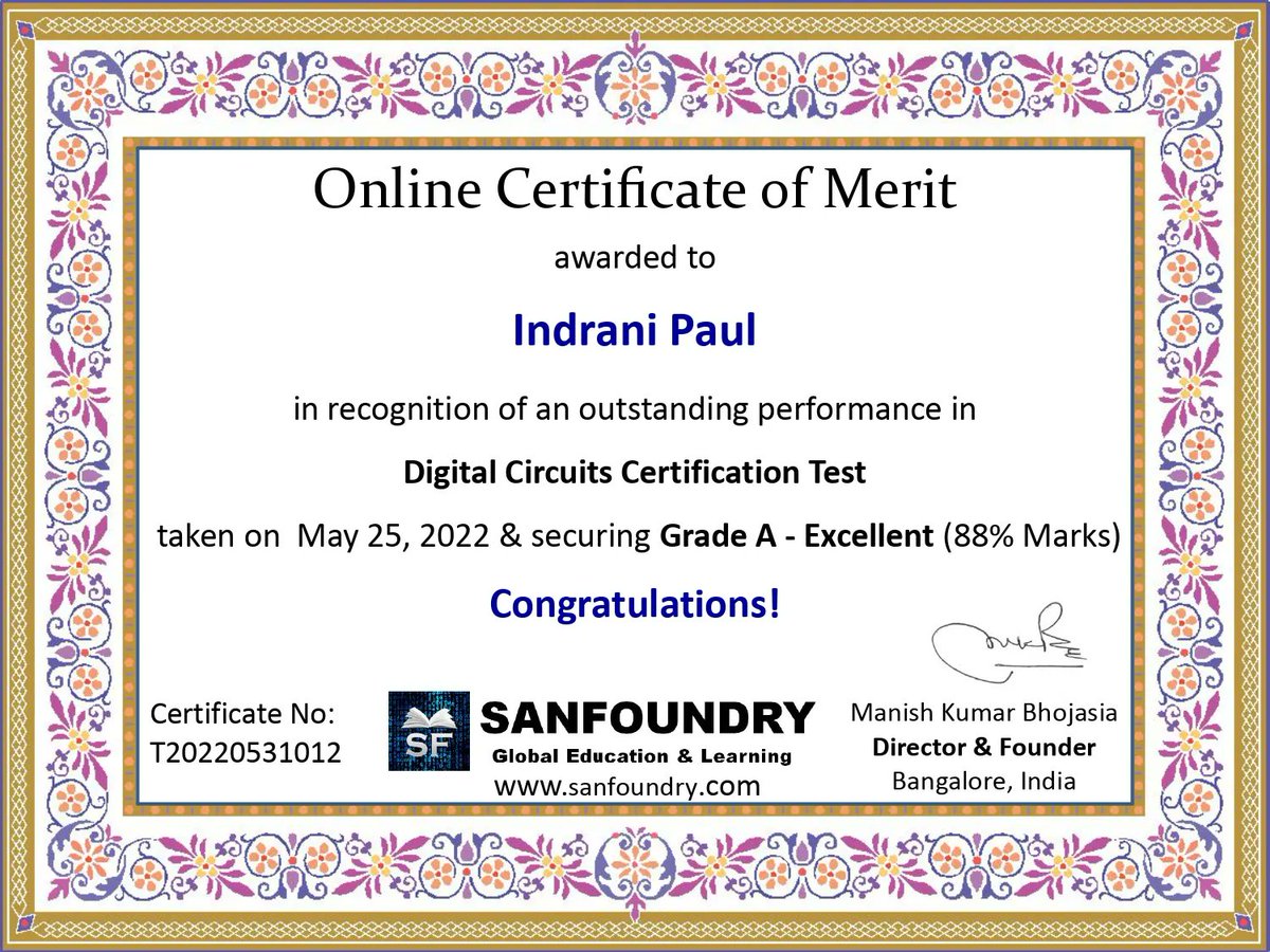 sanfoundry's tweet image. Congrats to Indrani Paul who was awarded &apos;Certificate of Merit&apos; for &quot;Digital Circuits Certification Test&quot;.

Click the following link to see the list of top rankers on Digital Circuits Certification Test
buff.ly/3NGfwhf

#digitalcircuits #electricalengineering #sanfoundry